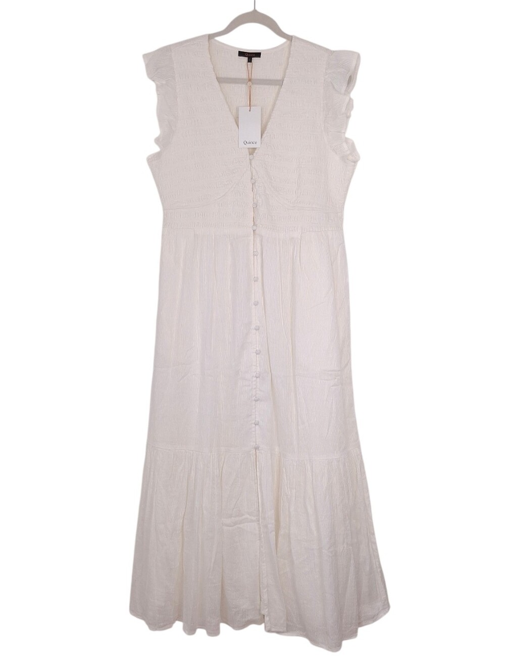 Quince Organic Textured Cotton Smocked V-Neck Midi Dress cottagecore pockets
